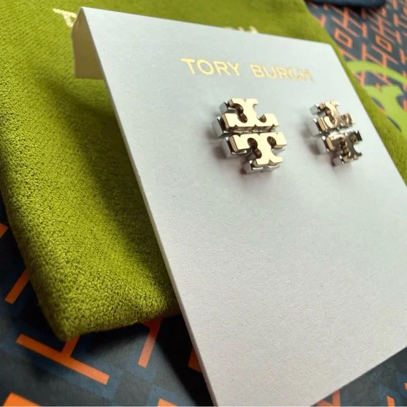 NWT! Tory Burch logo stud earrings in double gold: gold and silver tones - Picture 2 of 15
